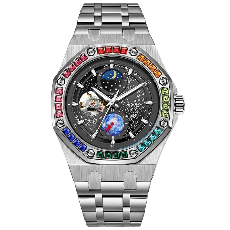 DULUNWE Top Brand Rhinestone Set Bezel Design New Automatic Steel Mechanical Watch Tourbillon Luminous Waterproof Men's Watch