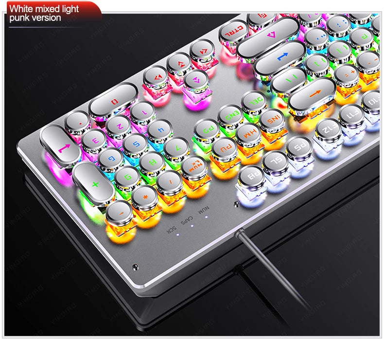 Silver mechanical keyboard with round, retro-style punk keycaps and colorful RGB backlighting.