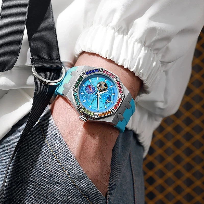 DULUNWE Top Brand Rhinestone Set Bezel Design New Automatic Steel Mechanical Watch Tourbillon Luminous Waterproof Men's Watch