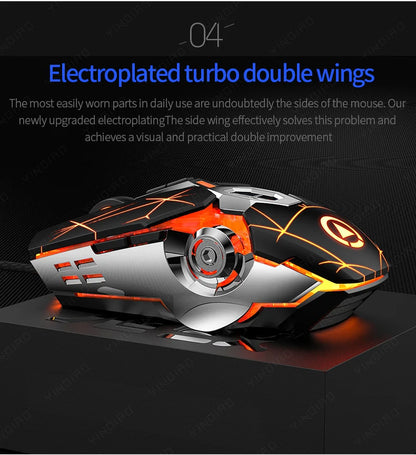 Black and silver ergonomic gaming mouse with glowing orange LED lights and geometric patterns.
