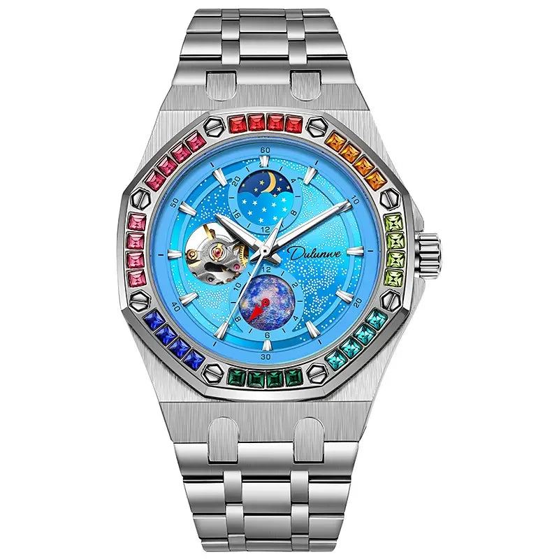 DULUNWE Top Brand Rhinestone Set Bezel Design New Automatic Steel Mechanical Watch Tourbillon Luminous Waterproof Men's Watch