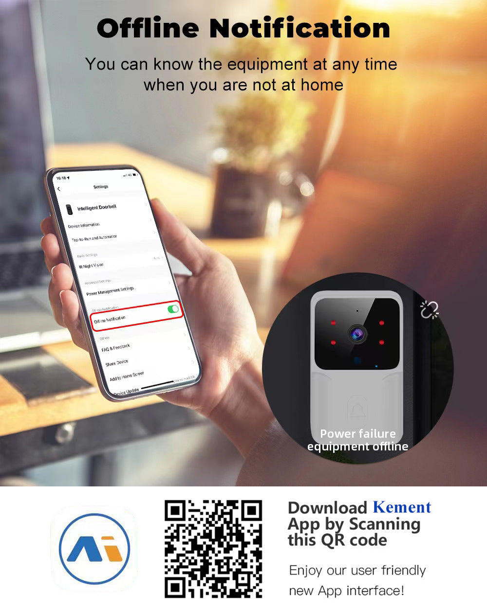 A hand holds a smartphone displaying app settings alongside a circular insert of a video doorbell and a QR code.