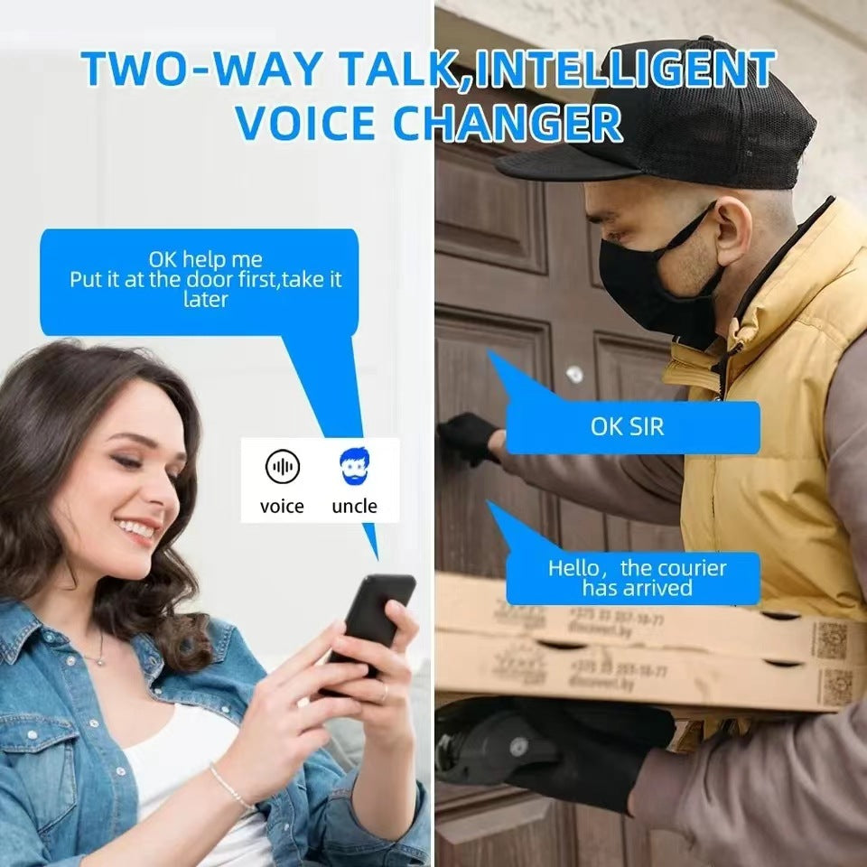 A woman smiles looking at her smartphone while a masked delivery person with pizza boxes stands at a door.