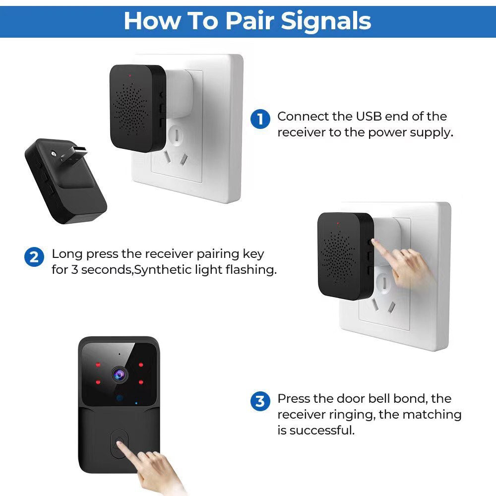 Instructions for pairing a black wireless video doorbell receiver and camera with step-by-step numbered diagrams.