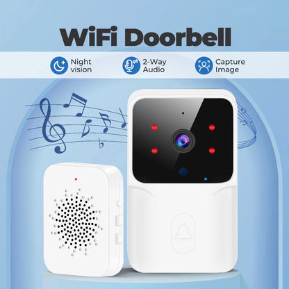 White WiFi video doorbell and chime unit on blue background, with icons for night vision, audio, and capture.