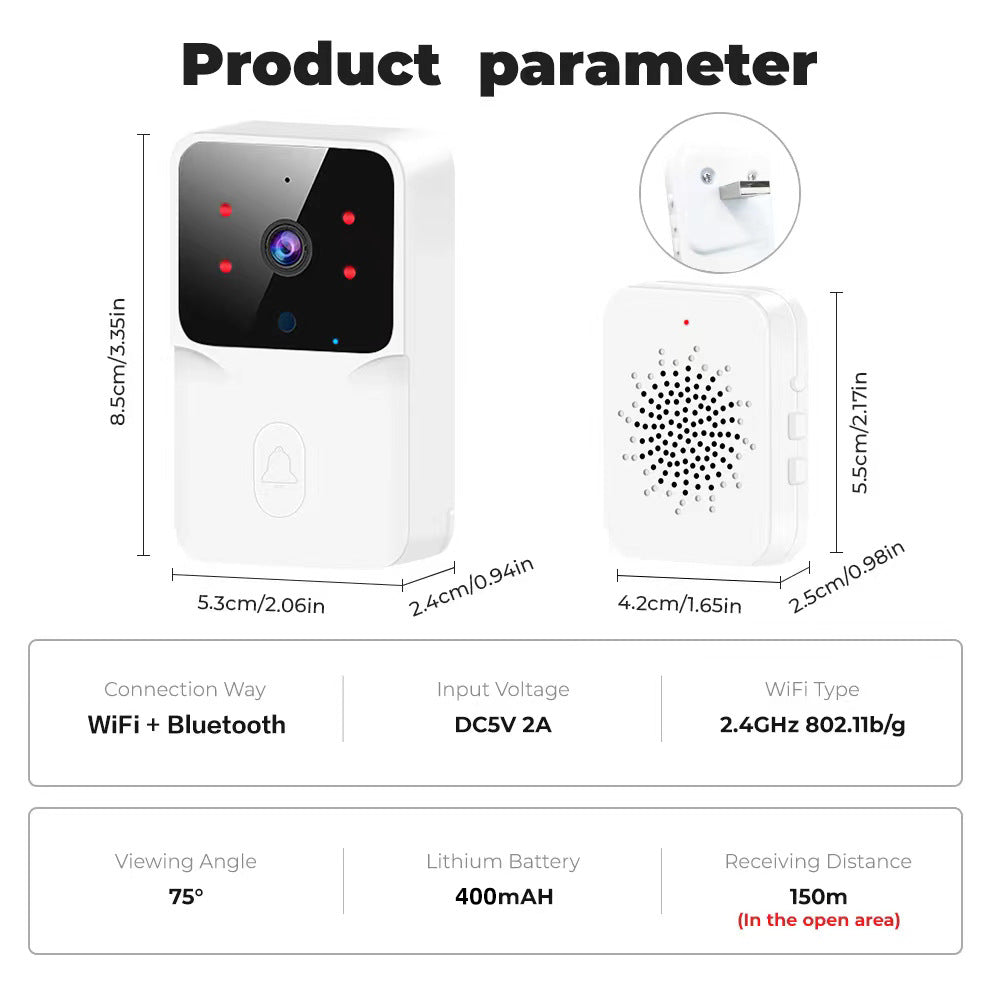 White video doorbell camera and chime with dimensions, plus parameter text like WiFi + Bluetooth and 400mAh battery.