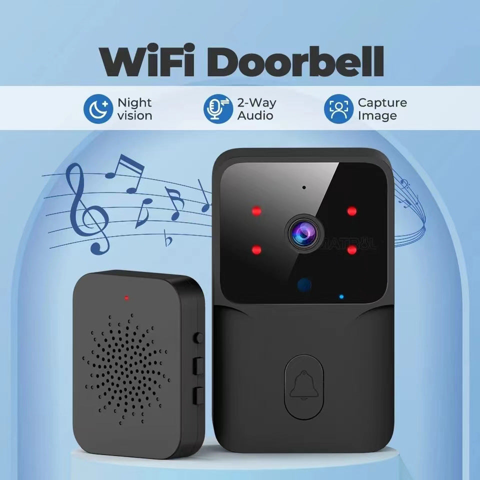 Black WiFi video doorbell camera with four red LEDs and a speaker chime on a blue background.