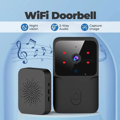Black WiFi video doorbell camera with four red LEDs and a speaker chime on a blue background.