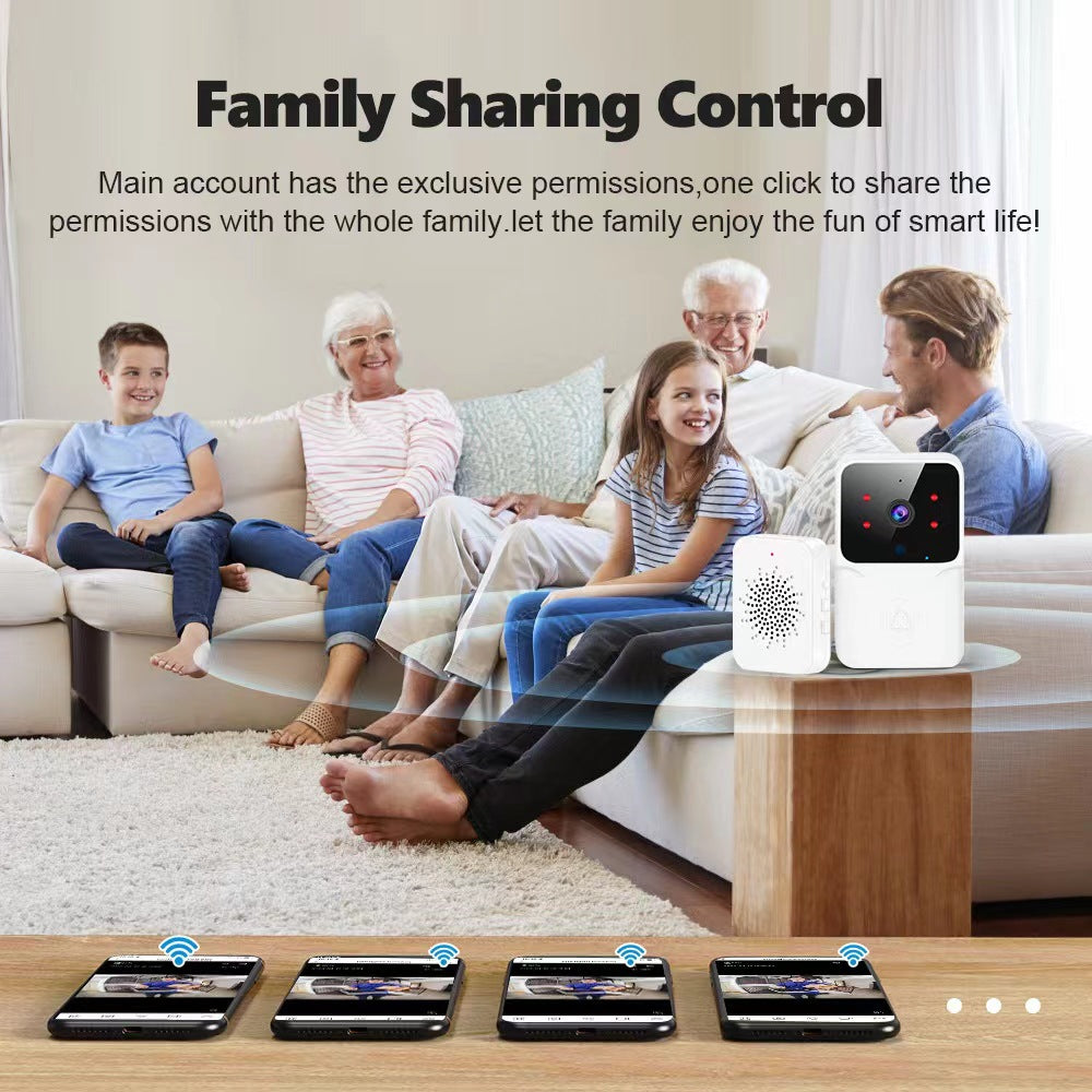A family sits on a beige couch while a white video doorbell and chime sit on a table, with four phones showing the feed.