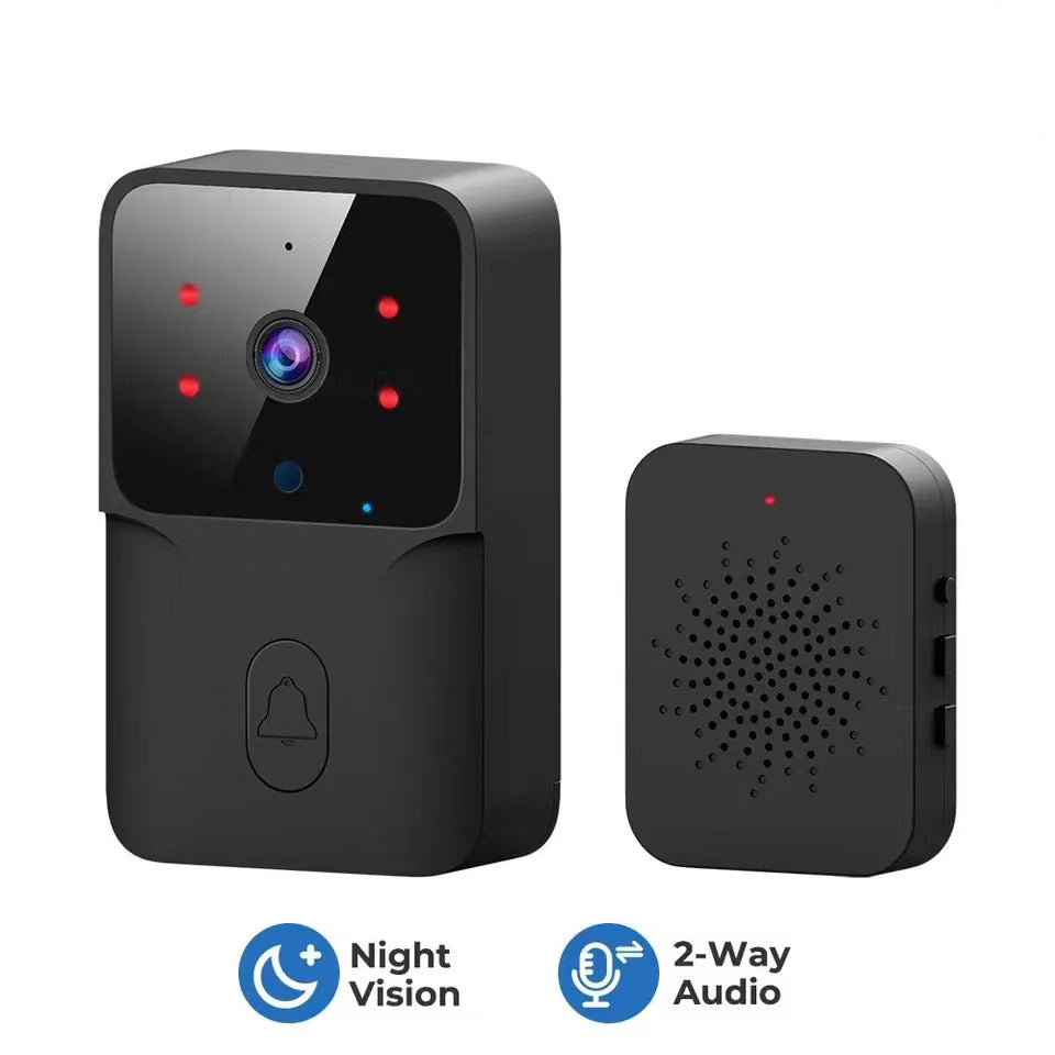 Black wireless video doorbell camera with a camera lens, four red IR lights, and a doorbell button, alongside a speaker unit.