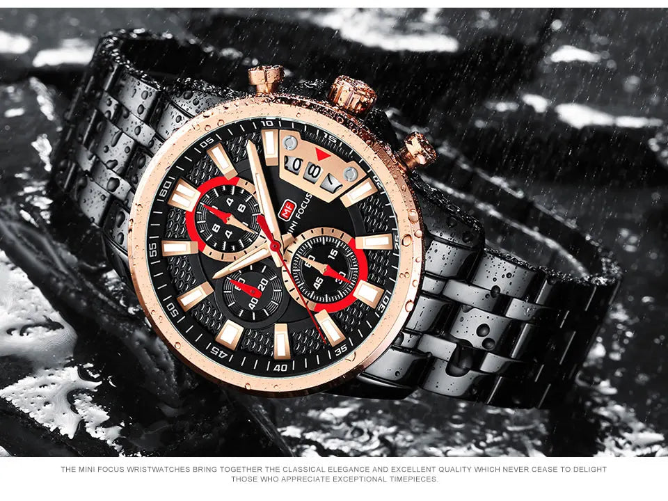 MINI FOCUS Motley Watches for Men Fashion Sport Chronograph Quartz Wristwatch with Date Luminous Hands Stainless Steel Strap Man