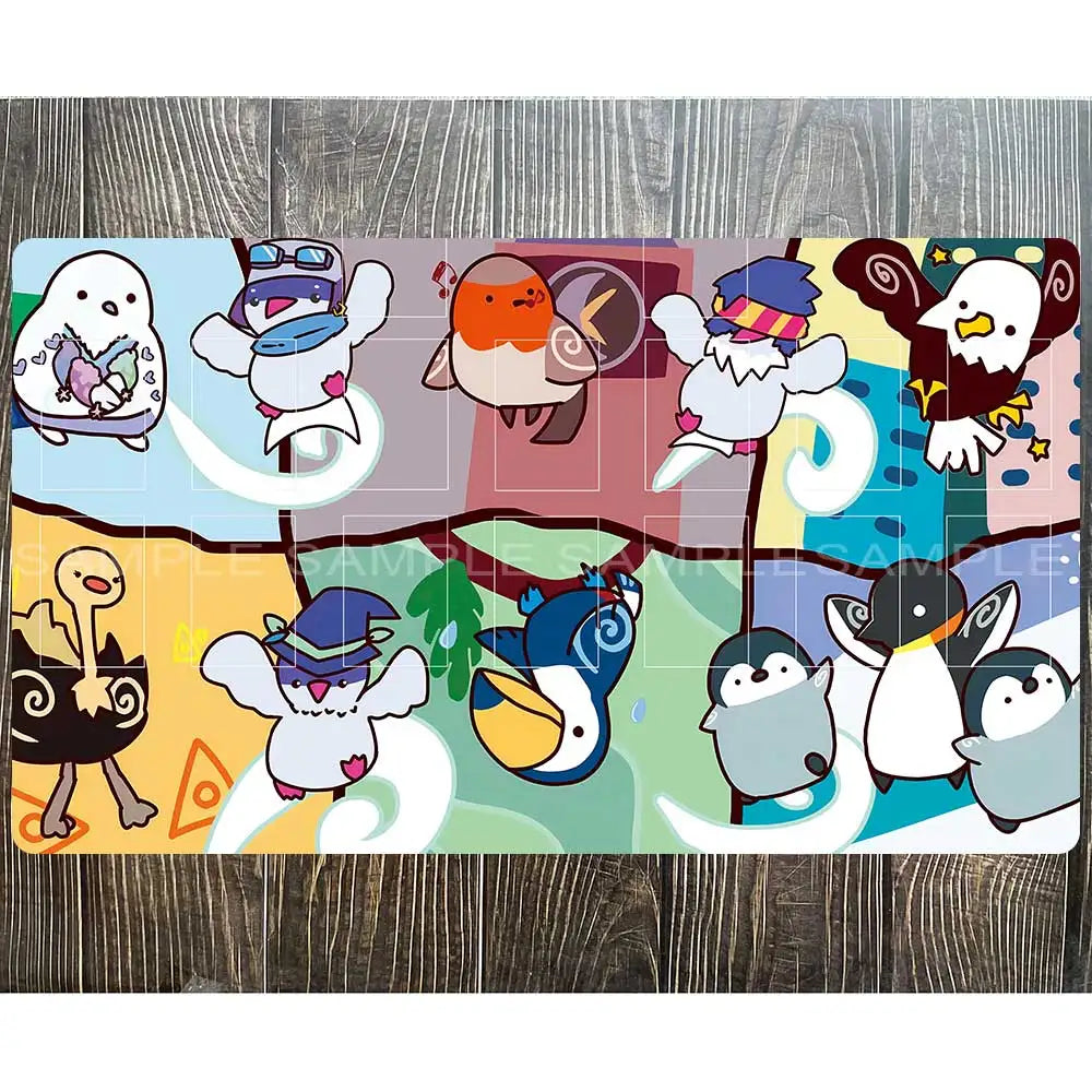 Colorful playmat featuring a grid of cartoon birds on a multicolored background, with card placement zones.