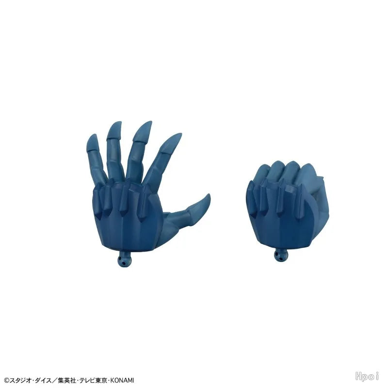 Two blue interchangeable model hands: one open-palmed with long fingers, and one closed into a fist.