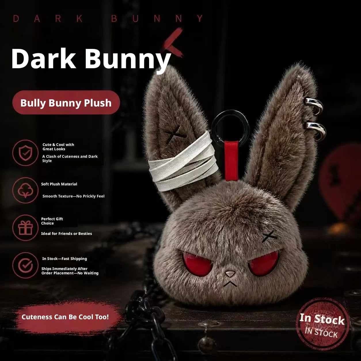 Gothic Bunny Plush Keychain Rabbit Bag Charm with Bandage Design Kawaii Key Ring Pendant Car Bag Ornament Gift