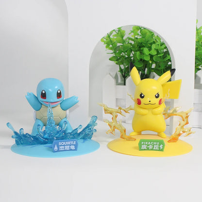 Squirtle and Pikachu action figures with water and electric effect bases and nameplates.