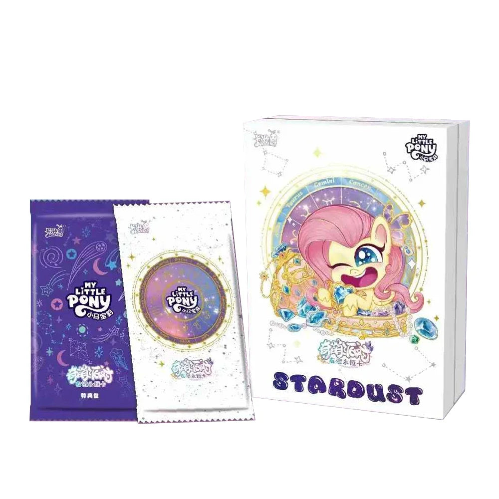My Little Pony Stardust box and two foil packs with star and zodiac designs.