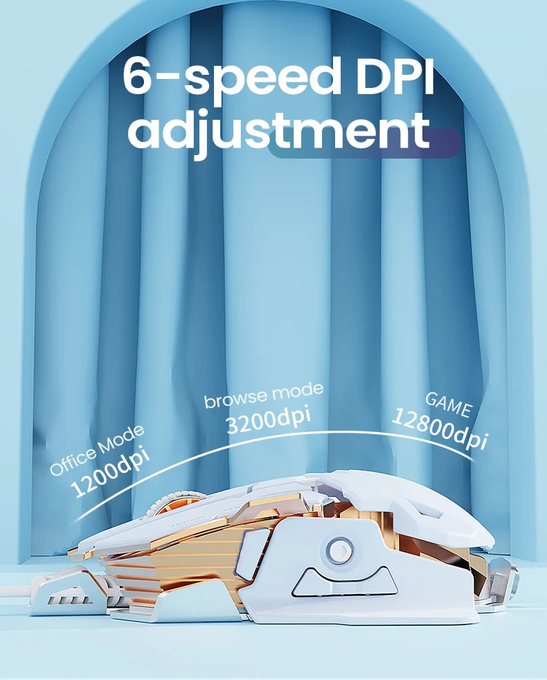 White and gold gaming mouse with text showing 6-speed DPI adjustment modes from 1200 to 12800 DPI against a blue backdrop.