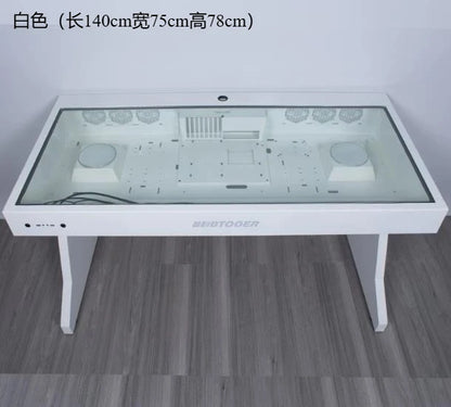White computer desk with a glass top and integrated PC chassis interior visible inside.