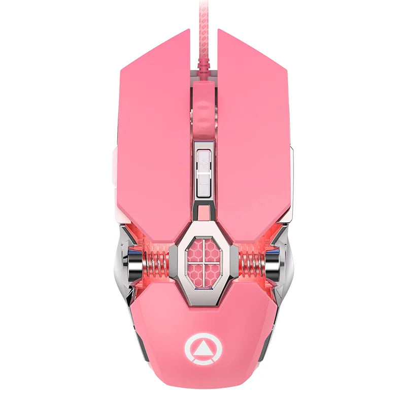 Pink ergonomic wired gaming mouse with mechanical details, glowing white triangle logo, and red LED backlighting.