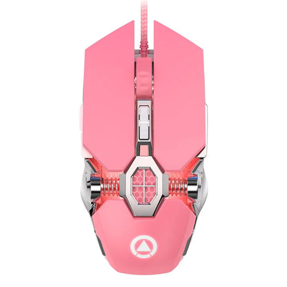 Pink ergonomic wired gaming mouse with mechanical details, glowing white triangle logo, and red LED backlighting.