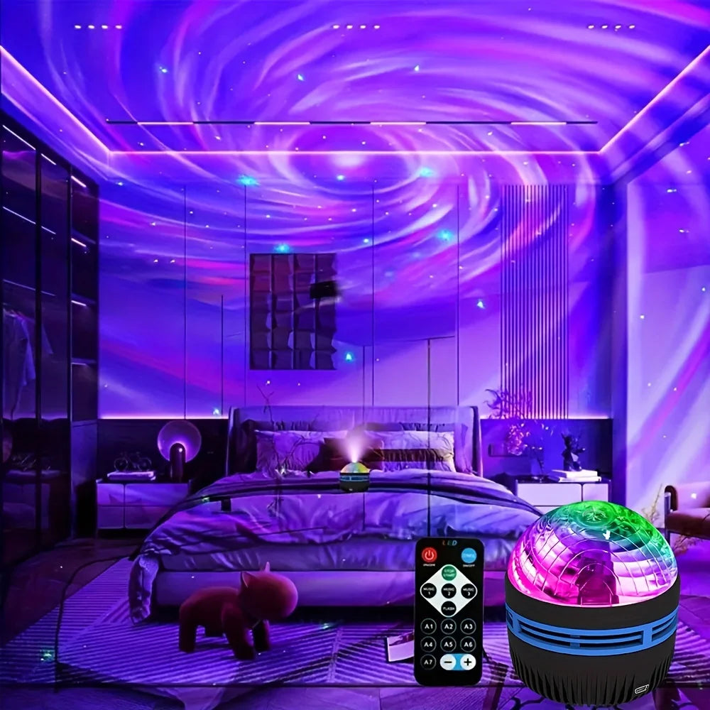A galaxy projector casts vibrant purple and blue cosmic lights across a bedroom ceiling, with a remote and the lamp visible.