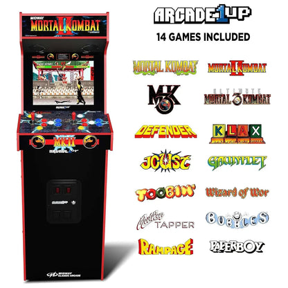 Mortal Kombat II arcade machine featuring red trim, dual controls, and a list of 14 included games on the right.