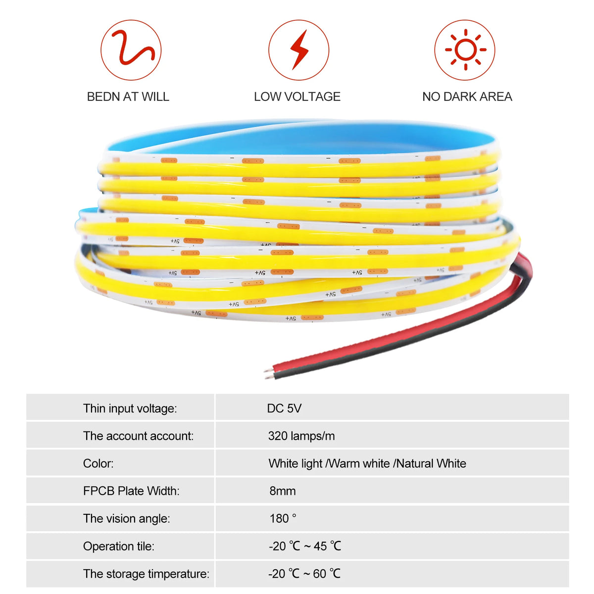 A coil of yellow and white COB LED strip light with red and black wires, featuring specification icons above and a specs table below.