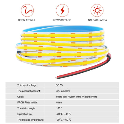 A coil of yellow and white COB LED strip light with red and black wires, featuring specification icons above and a specs table below.