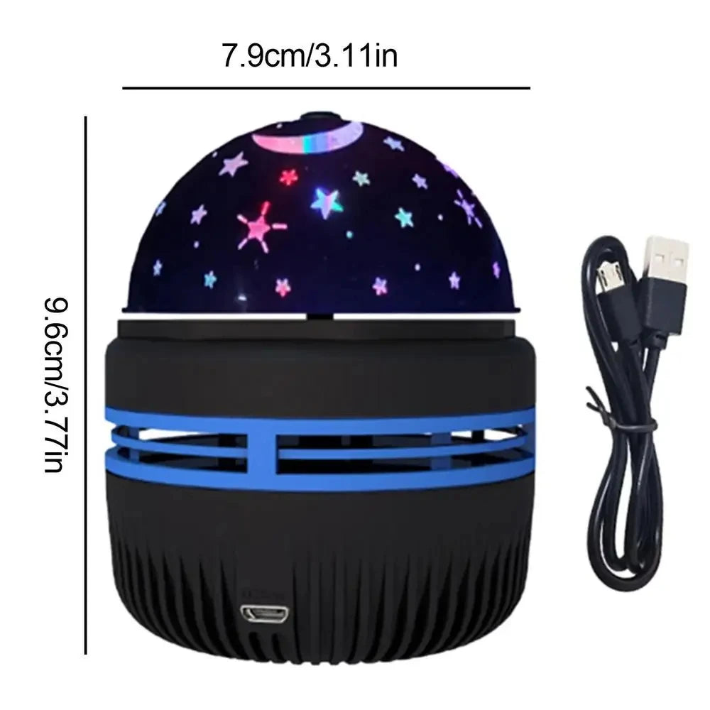 Black starry sky galaxy lamp projector with dimensions 7.9cm width, 9.6cm height, and USB cable.