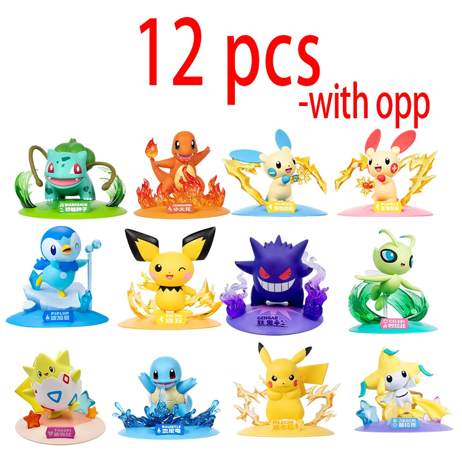 Twelve colorful Pokemon action figures including Pikachu, Bulbasaur, Charmander, Gengar, and Squirtle, each on a themed base.
