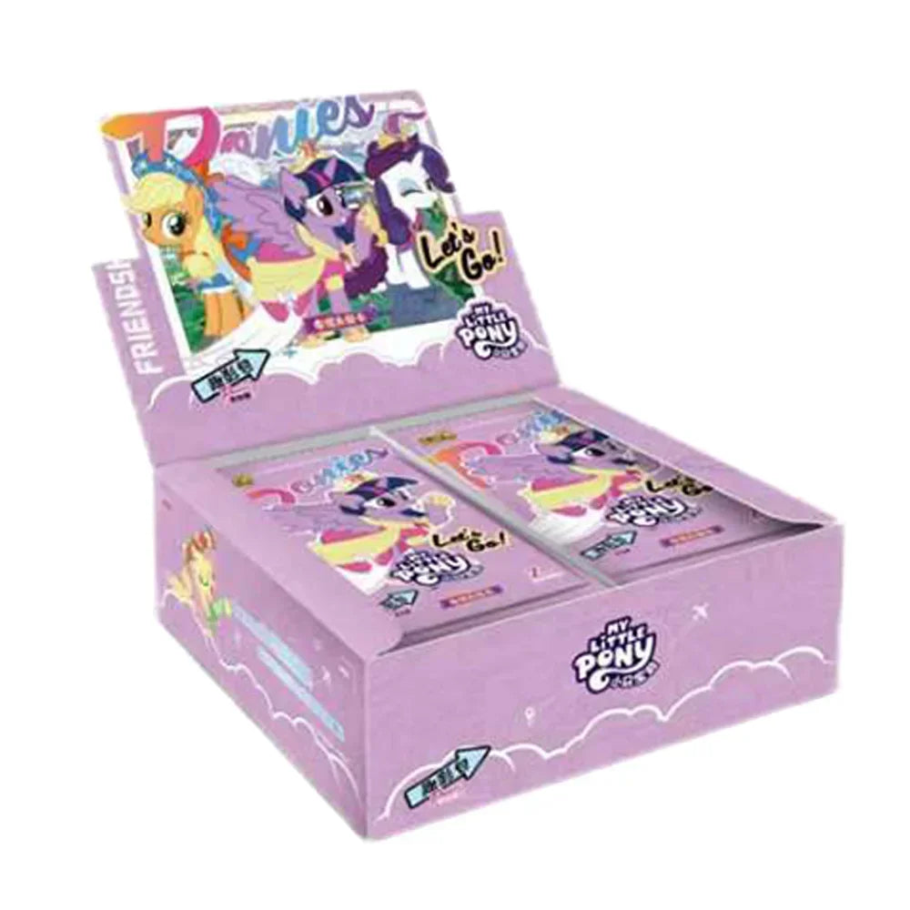 Lavender My Little Pony card booster box containing foil packs, featuring Twilight Sparkle and friends.