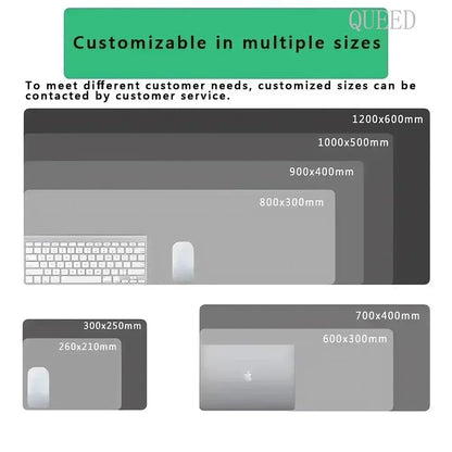 Diagram of seven different mouse pad sizes labeled from 260x210mm up to 1200x600mm, with keyboard and mouse scale references.