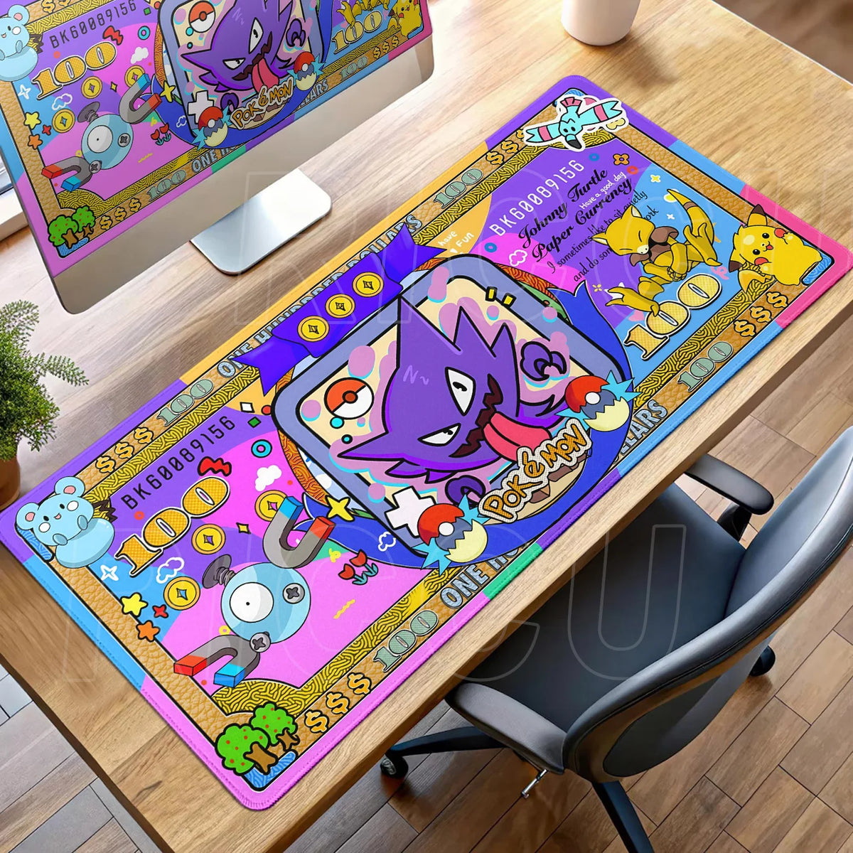 Colorful Pokemon desk mat featuring Gengar, Pikachu, and other characters styled like 100-dollar banknotes.