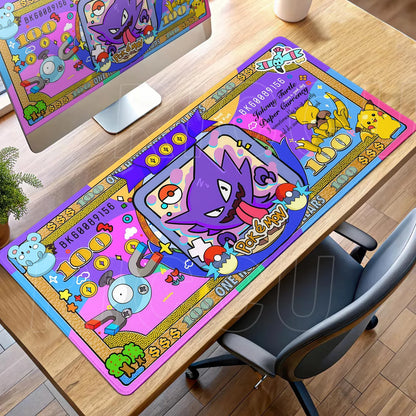 Colorful Pokemon desk mat featuring Gengar, Pikachu, and other characters styled like 100-dollar banknotes.