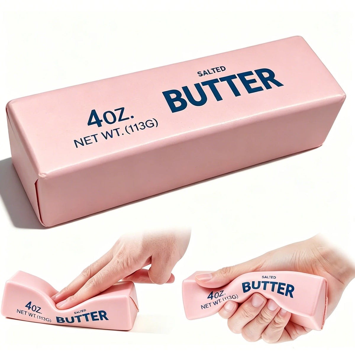 Pink butter stick stress toy labeled "4oz. NET WT. (113G) SALTED BUTTER," shown being squeezed.