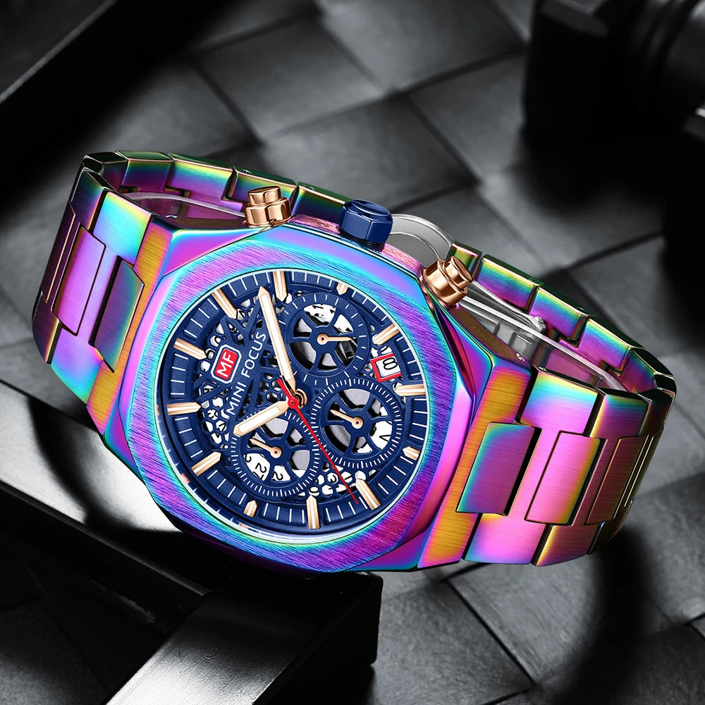 MINI FOCUS Motley Chronograph Quartz Watches Men Stainless Steel Business Sport Wristwatch with Luminous Hands Auto Date 0411
