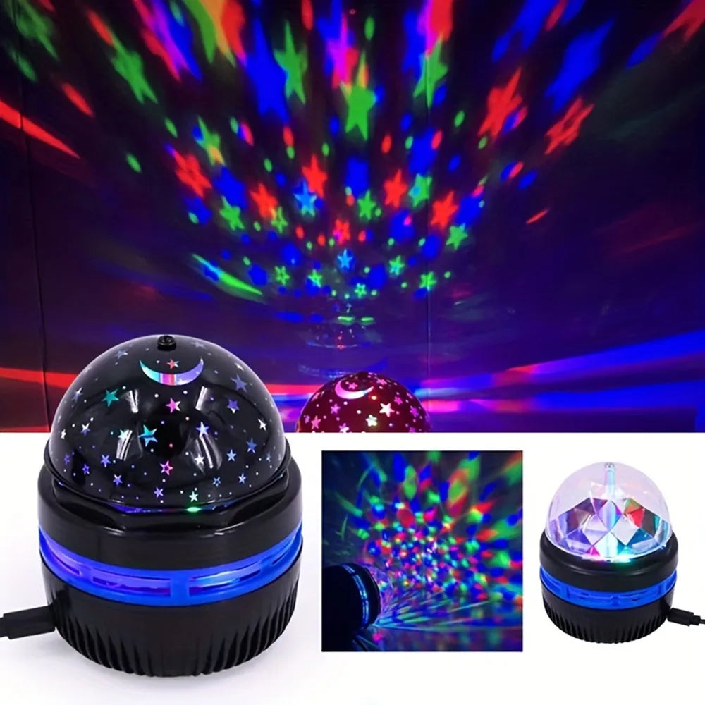 A black dome galaxy projector casting colorful red, green, and blue star patterns on a dark backdrop.