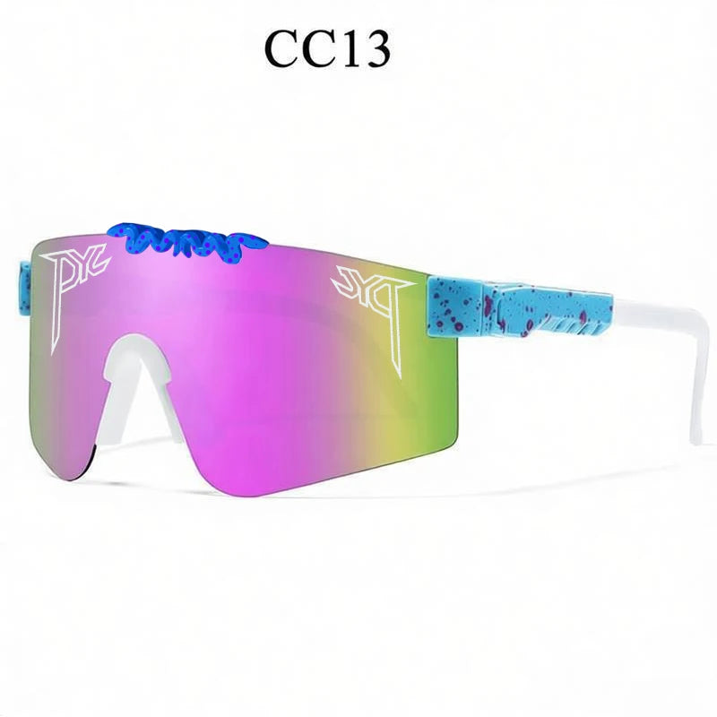 Sport sunglasses with pink-and-green reflective shield lens, blue speckled frame, and white arms.