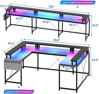 Black U-shaped and straight gaming desks with black metal frames, monitor stands, blue-pink LED lights, and dimension overlays.