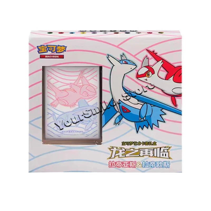 White Pokemon card display box featuring Latias and Latios, with pink and blue graphics and Chinese text.