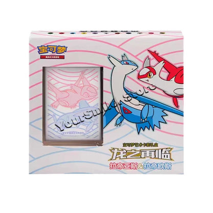 White Pokemon card display box featuring Latias and Latios, with pink and blue graphics and Chinese text.