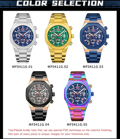 MINI FOCUS Motley Chronograph Quartz Watches Men Stainless Steel Business Sport Wristwatch with Luminous Hands Auto Date 0411