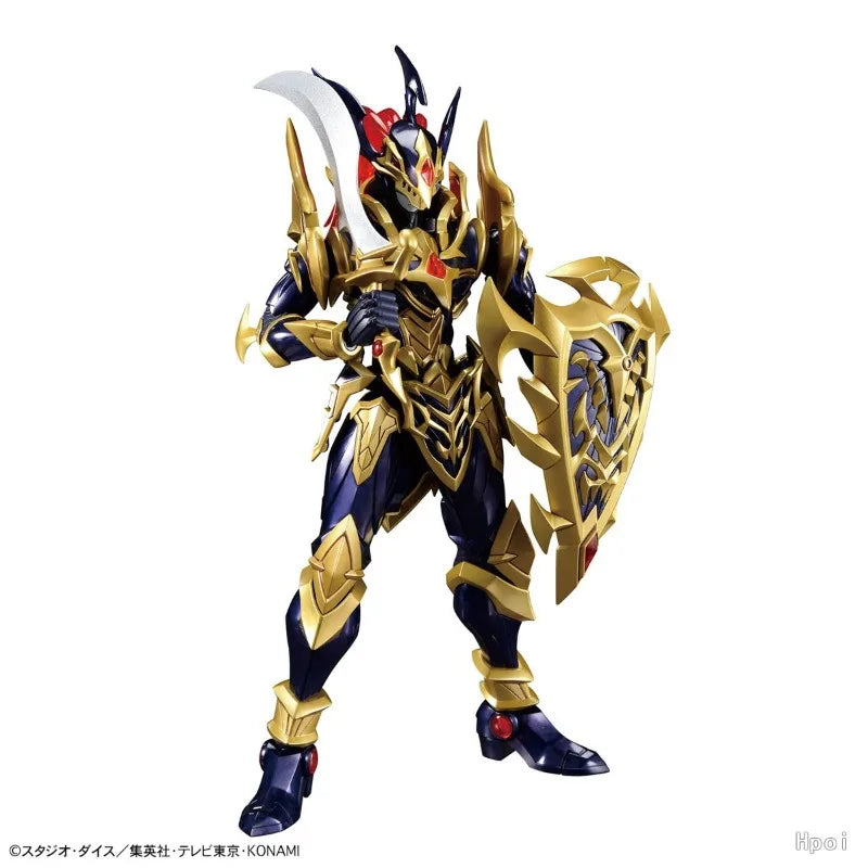 A posable action figure in dark blue and gold armor, holding a curved white blade and a decorative shield.