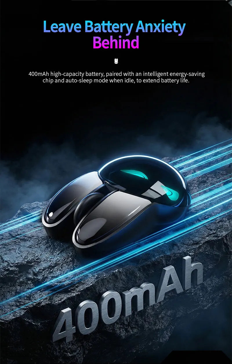 Black MOFII M6C wireless mouse with glowing turquoise eyes on a rocky surface, featuring the text "400mAh".