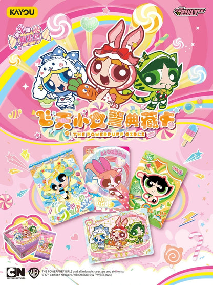 Colorful Powerpuff Girls packaging and cards featuring Blossom, Bubbles, and Buttercup with candy motifs against a pink backdrop.