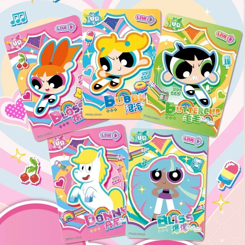 Five Powerpuff Girls collectible cards featuring Blossom, Bubbles, Buttercup, Donny, and Bliss in colorful retro designs.