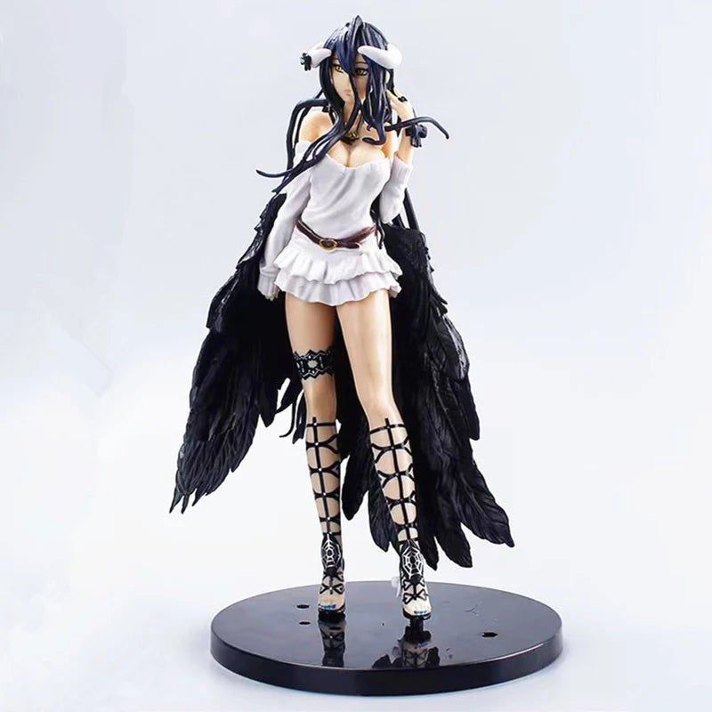 Albedo figure with black horns and wings, wearing a white outfit and tall black-strap boots on a base.