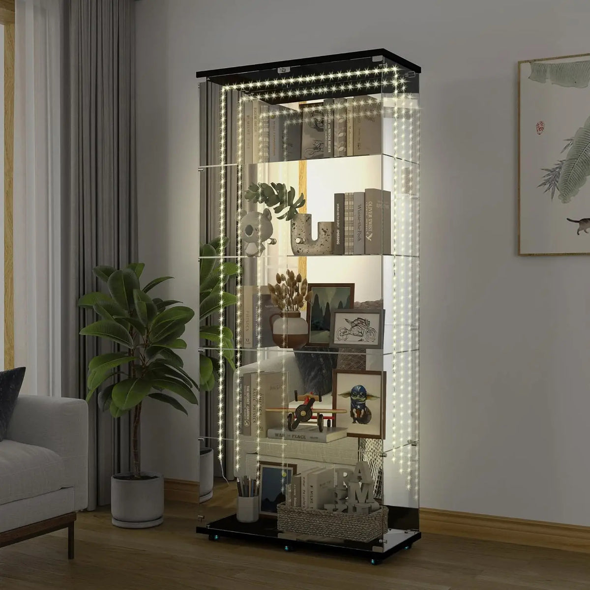 Black 5-tier glass display cabinet with illuminated LED light strips, mirrored back, and items displayed on shelves.