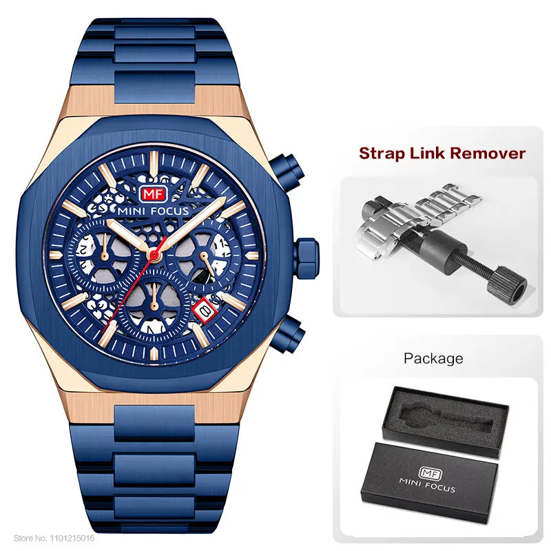 MINI FOCUS Motley Chronograph Quartz Watches Men Stainless Steel Business Sport Wristwatch with Luminous Hands Auto Date 0411