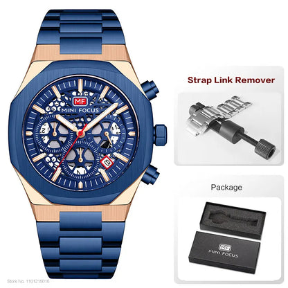 MINI FOCUS Motley Chronograph Quartz Watches Men Stainless Steel Business Sport Wristwatch with Luminous Hands Auto Date 0411